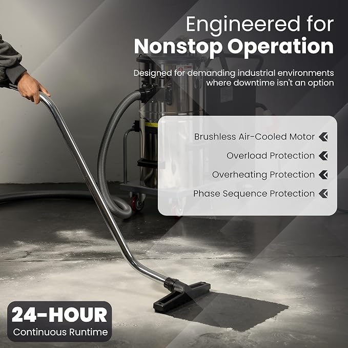 Industrial Wet/Dry Vacuum Cleaner with HEPA Filter, 24 Hour Operation, 7 Peak HP, 223.5 CFM, 14.5 Gallon Stainless Steel Tank, 220V 3-Phase — Ideal for Factories, Warehouses & Auto Shops