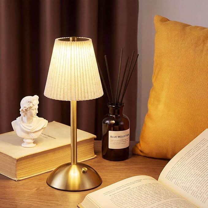 Liliful 2 Pcs Cordless Table Lamp Rechargeable Touch LED Small Gold Portable Battery Operated USB-c Desk Lamp 3 Color Dimmable for Bedroom Living Room Dining (Gold,Linen Fabric)