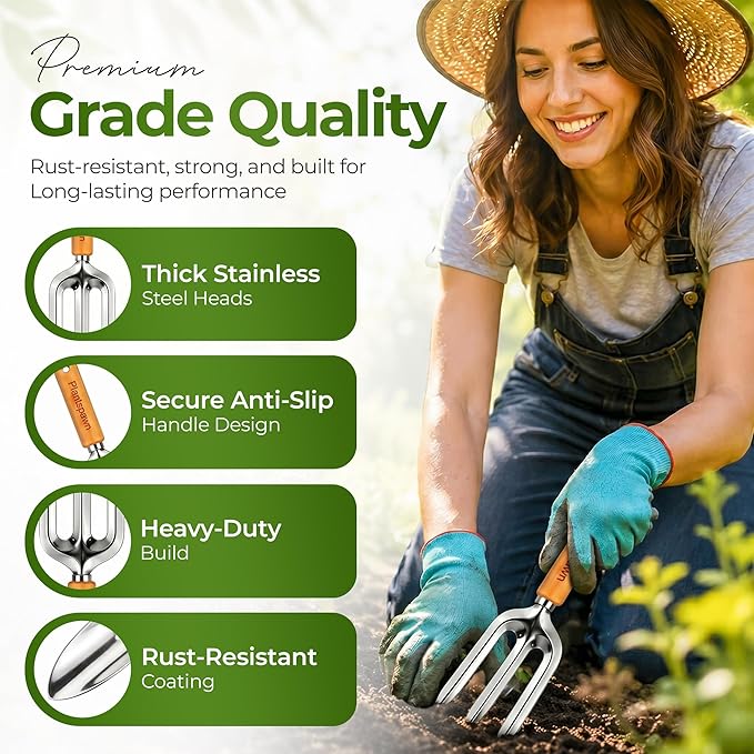 Gardening Tools Set with Organizer Handbag 9-Piece, Heavy‑Duty Rust‑Proof Garden Hand Tools, Wooden Handles,15 Plant Tags, Ideal Gardening Gift for Men & Women