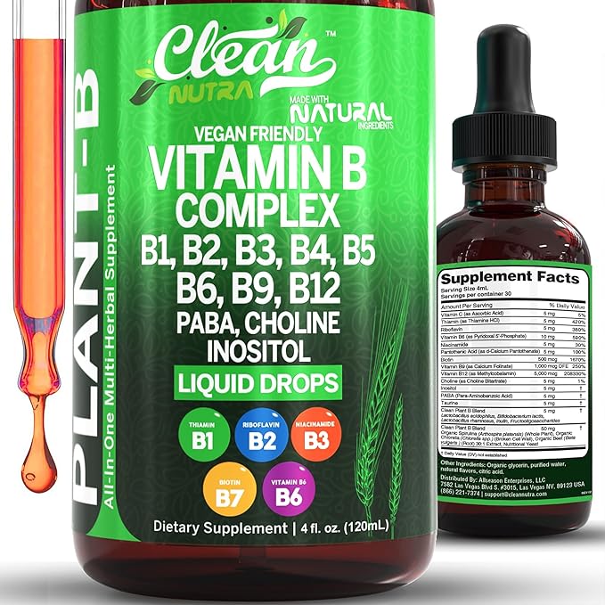 Complexe de Vitamines B Liquide | Thiamine B1, B6, B2, B3, B4, B5, B7, B9, B12, Niacinamide, Paba, Choline Inositol Taurine Probiotiques Racine de Betterave Spiruline - Compléments Alimentaires de Vitamines B Végétales par Clean Nutra
