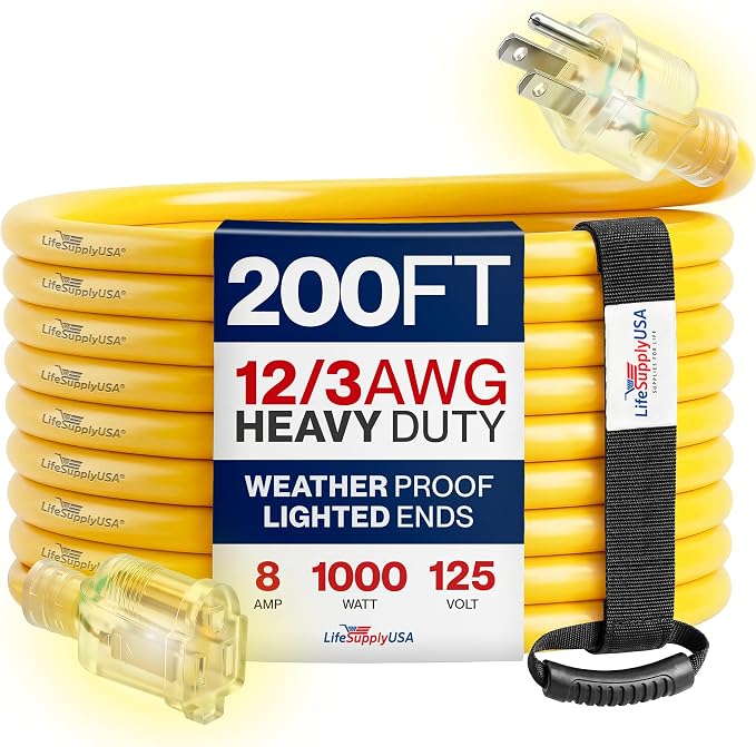 200ft Outdoor/Indoor Extension Cord 12/3 Gauge Extra Heavy Duty 3 Prong SJTW, Waterproof, Flexible Cold-Resistant Long Power Cord,8A 125V 1000W, Yellow by LifeSupplyUSA
