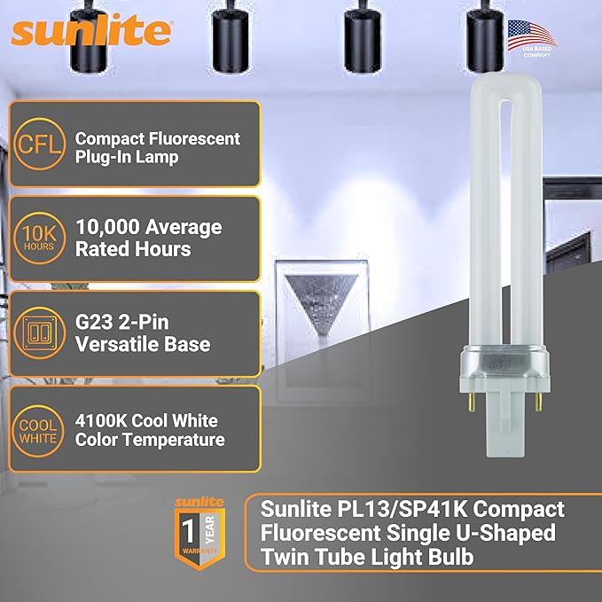 Sunlite PL13/SP41K Compact Fluorescent Single U-Shaped Twin Tube Light Bulb, 13 Watts, 120 Volts, 720 Lumens, 2-Pin GX23 Base, 4100K Cool White, 10 Pack