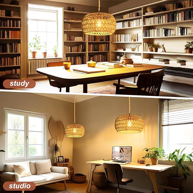Hanging Lights with Plug in Cord Rattan Hanging Lamp Boho Ceiling Light Fixtures Farmhouse Pendant Lamp Shape for Living Room Bedroom Kitchen