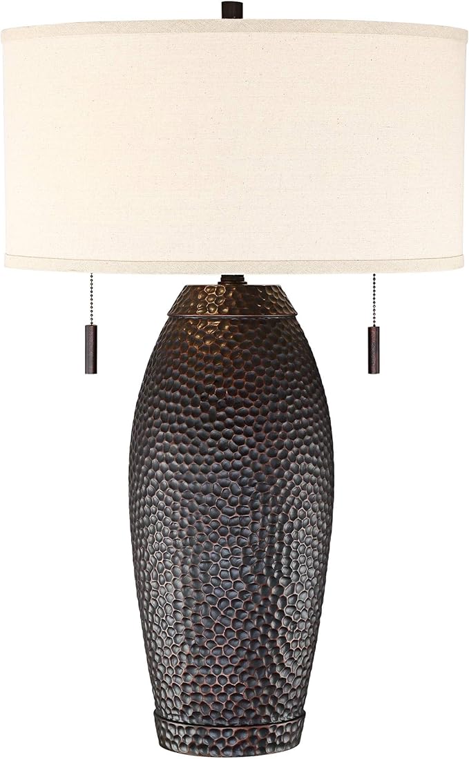 Franklin Iron Works Noah Rustic Farmhouse Table Lamp 31" Tall Bronze Brown Hammered Textured Oatmeal Fabric Drum Shade for Bedroom Living Room House Bedside Nightstand Home Office Entryway Family