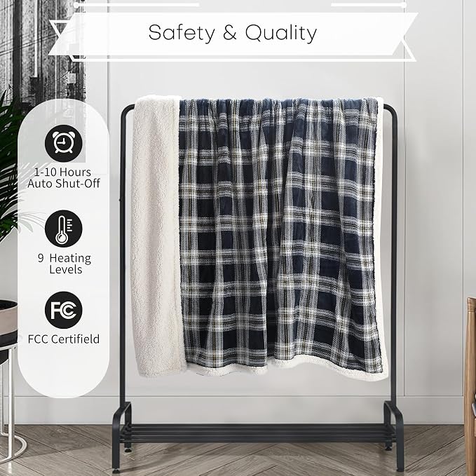 Electric Heated Blanket 72"x84" Full Size, Dual-Sided Flannel & Sherpa, 9 Heat Settings & 1-10H Auto Off, Soft Warm for Home Office Bed Couch, Machine Washable, Ideal Winter Gift, Geometric Grid