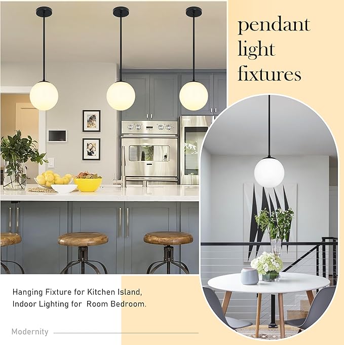 Bagood 8" Globe Pendant Light Black Mid Century Modern Light Fixture Milk Glass Pendant Light Globe Pendant Lights Kitchen Island Matte Black Finished with Milk Glass Lampshade for Dining Room
