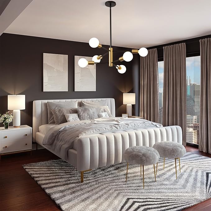 KAISITE Modern Sputnik Chandelier - 6 Light Chandelier with Height Adjustment, Black and Gold Finish for Kitchen, Bedroom and Foyer