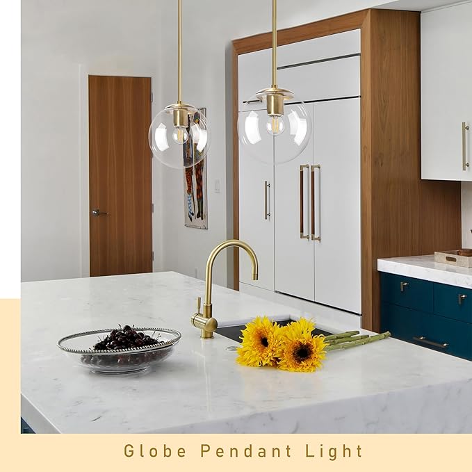 Bagood 8" Globe Pendant Light Gold Mid Century Modern Light Fixture Clear Glass Pendant Lights Kitchen Island Modern Pendant Lights Brushed Brass Finished with Clear Glass Lampshade for Bedroom
