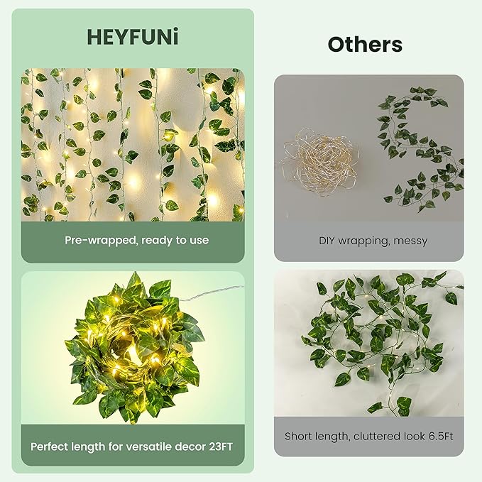 HEYFUNi Vines with Lights, 23 Ft 73 Led Faux Pothos String Lights Plug in, Leaf Lights for Bedroom, Wall, Balcony, Wedding Decor, Warm White