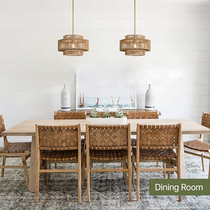 12.4” Boho Rattan Chandelier for Dining Room, 1-Light Hand Woven Farmhouse Pendant Light Fixture, Coastal Wicker Hanging Ceiling Light for Kitchen Island Living Room Bedroom Entryway Foyer