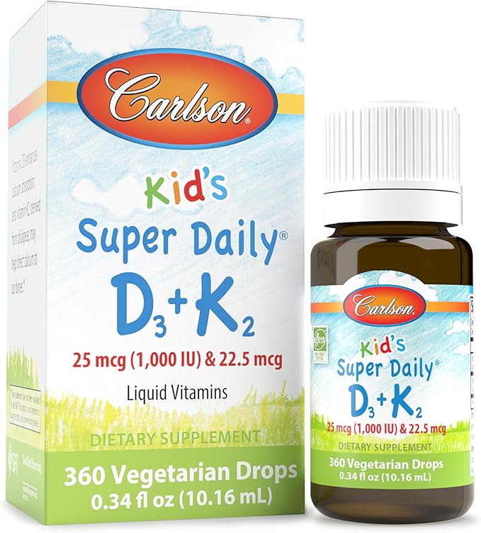 Carlson - キッズ スーパーデイリー D3+K2、25mcg (1,000 IU) D3 & 22.5mcg K2、ビタミンK2配合ビタミンDドロップ、液体ビタミン、1000 IU ビタミンD3、心臓と骨の健康に、1年分、無味、360滴