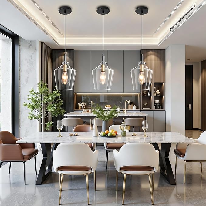 Modern Glass Pendant Light for Kitchen Island 3 Pack, Farmhouse Black and Gold Pendant Light Fixtures, Adjustable Hanging Ceiling Light, Angled Clear Glass Shades 8 Inch