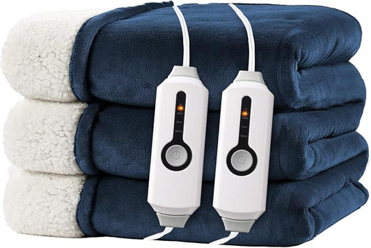 Electric Heated Blanket 90"x100" King Size for Safe All Night, Dual-Sided Microplush Sherpa for Bedroom Couch Use, 4 Heat Settings & 10 Hours Auto Off, Dual Controller, Machine Washable - Dark Blue