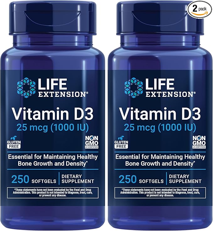 ライフエクステンション ビタミンD3 25mcg（1000IU）、免疫システムサポート、骨の健康、全身の健康、バリューサイズ、グルテンフリー、非遺伝子組み換え、250ソフトジェル（2個パック）