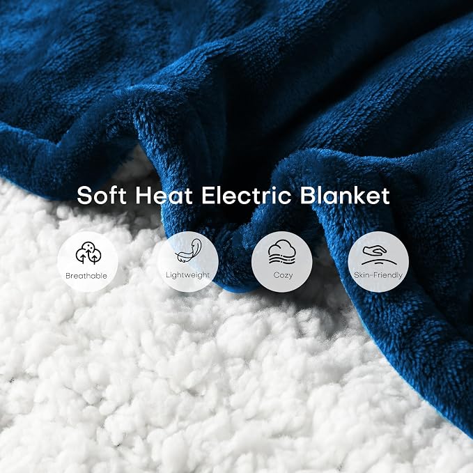 Heated Electric Blanket Throw Size 50"x60" Thickened Flannel and Sherpa Heated Blanket,3 Hours Timer Auto-Off & 5 Heating Levels,for Bedroom Office Couch-DarkBlue