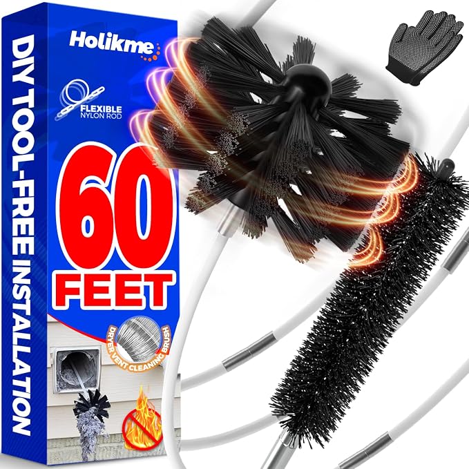 Holikme 60Ft Dryer Vent Cleaner Kit - Flexible Lint Brush for Deep Cleaning | Flexible Nylon Rods, Synthetic Brush Head, Drill Attachment, Deep Clean, Lint Removal, Easy DIY Assembly, Home Essential
