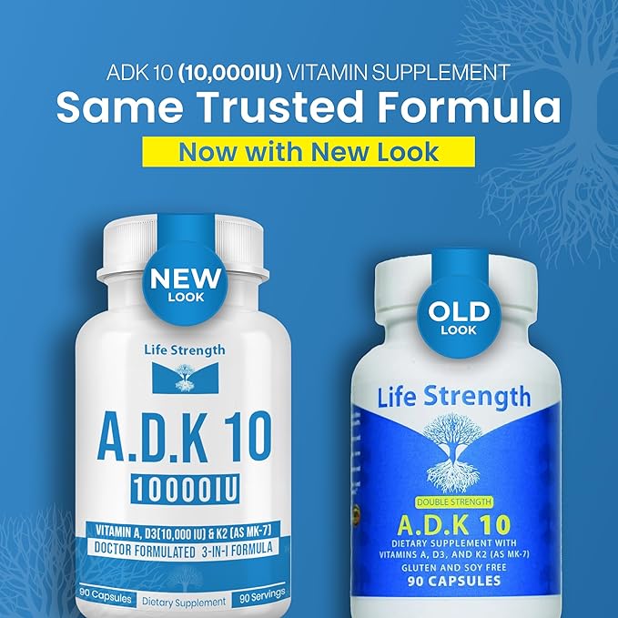 ADK 10 サプリメント 10000 IU (90粒) - 医師が処方した骨の健康のためのADKビタミンA、D3、K2 (MK7として) - 免疫システムサポート - グルテンフリー、大豆フリー、非GMO