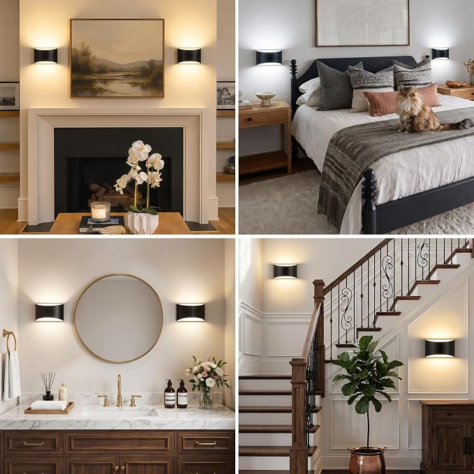 MATAMEYE Modern LED Wall Sconce Set of 2, Matte Black Indoor Wall Lighting Fixture with 3 Colors Temperatures, 10W Up/Down Hardwired Wall Mount Lamp for Bedroom Living Room Hallway