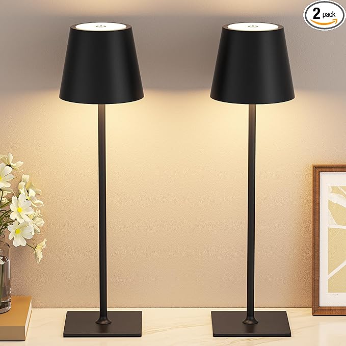Kakanuo Cordless Rechargeable Table Lamp Black 5000mAh Battery Operated Lamps, 3 Colors Stepless Dimming Touch Lamp for Living Room, Kitchen Counter, Dining, Outdoor Patio, 2 Pack