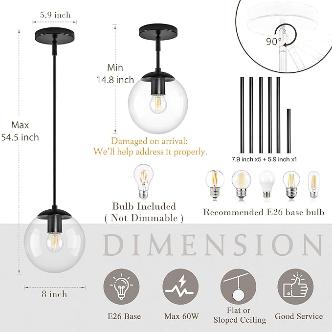 Bagood 8" Globe Pendant Light Black 2 Pack Mid Century Pendant Light Globe Pendant Lights Kitchen Island Matte Black Finished with Clear Glass Adjustable Ceiling Light Fixtures for Dining Room Bar