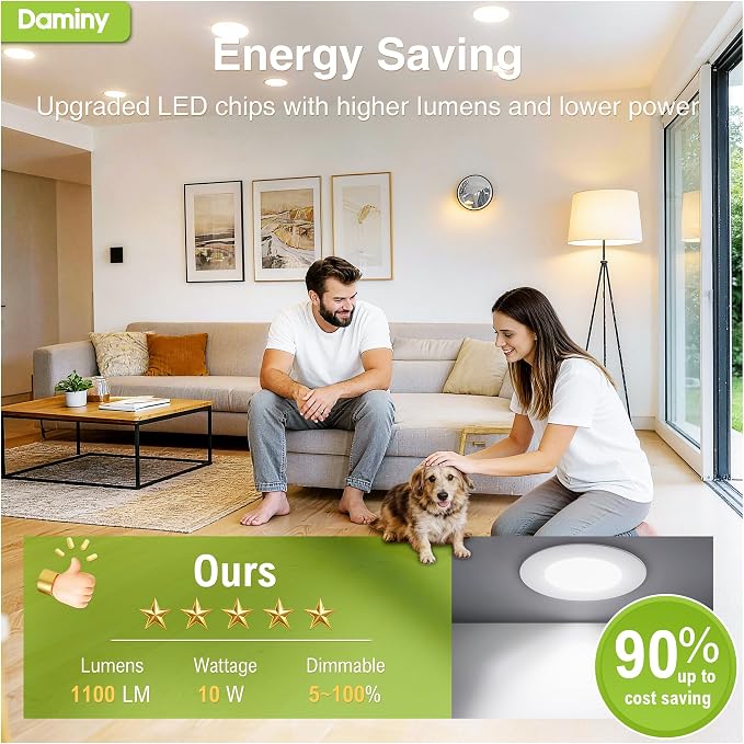 DAMINY 6 Pack 6 Inch LED Recessed Lighting with Junction Box,5CCT,Ultra-Thin Recessed Light,10W 1100LM, Dimmable Canless Wafer Ceiling Light,High Brightness