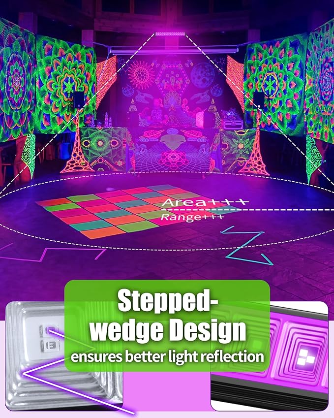 THECHAM 4 Pack 42W LED Black Light Bar, Blacklight Flood Light with 6ft Cord+Plug+Switch, Light Up 24x24ftx4 Area, for Halloween Glow Fluorescent Party Bedroom Game Room Body Paint Stage