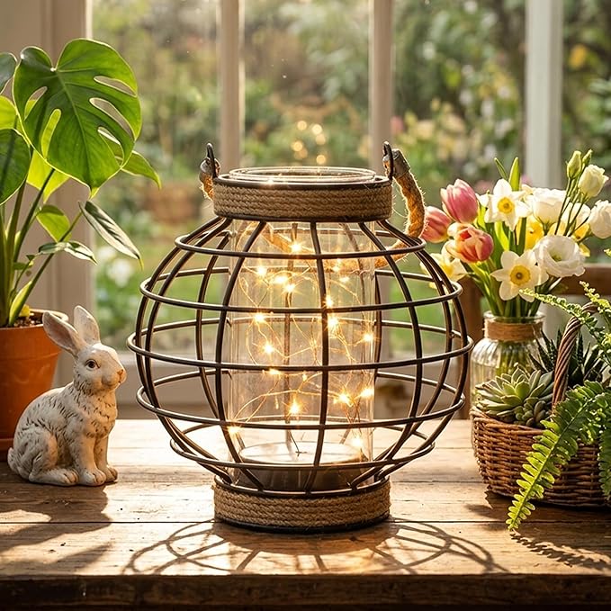 JHY DESIGN Metal Cage LED Lantern Battery Powered,7.3" Tall Cordless Accent Light with 20pcs Fairy Lights.Great for Weddings, Parties, Patio, Events for Indoors/Outdoors.