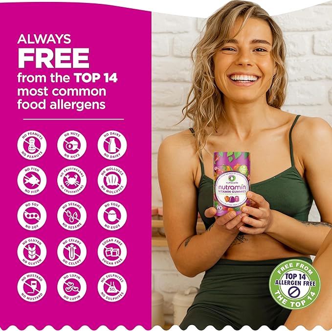 NUTRAMIN Gommes Multivitaminées Vegan Céto Quotidien Sans OGM Vitamine C, D + Zinc Naturelles pour l'Immunité, Végétales, Sans Sucre, Sans Noix, Sans Gluten, Biotine, Vitamine A, B, B6, B12 & Plus 45 Jours (90 Comprimés)