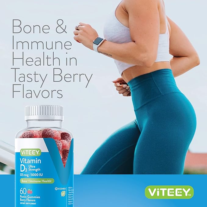 Viteey Vitamine D3 Gummies pour adultes et adolescents - 5 000 UI, 125 mcg, Ultra Force - Santé articulaire et musculaire, Renforce l'immunité - Gummies de vitamine D à croquer - Végétarien, sans gélatine - Saveur de baies savoureuse