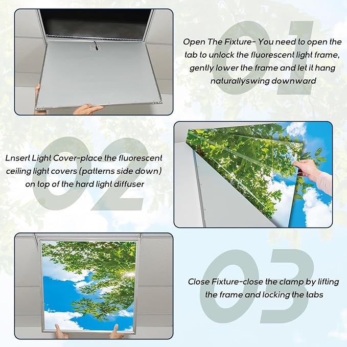 Amylove 4 Pcs Fluorescent Light Covers Classroom Ceiling Panels Light Filters with Backlit Film Material for Office School, 4 x 2 Feet(Charming Color,Blue Sky, Leaves)