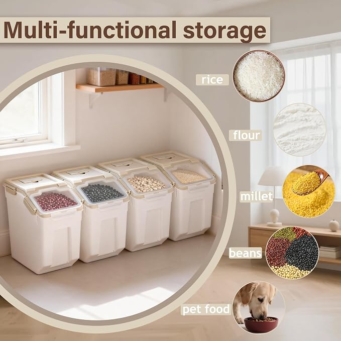 RUIAN 25lb Flour Rice Storage Containers Bin, Large Airtight Storage Container with Wheels Seal Locking Lid, with Measuring Cup&Scoop for Flour, Rice, Grain(Gray 4PCS)