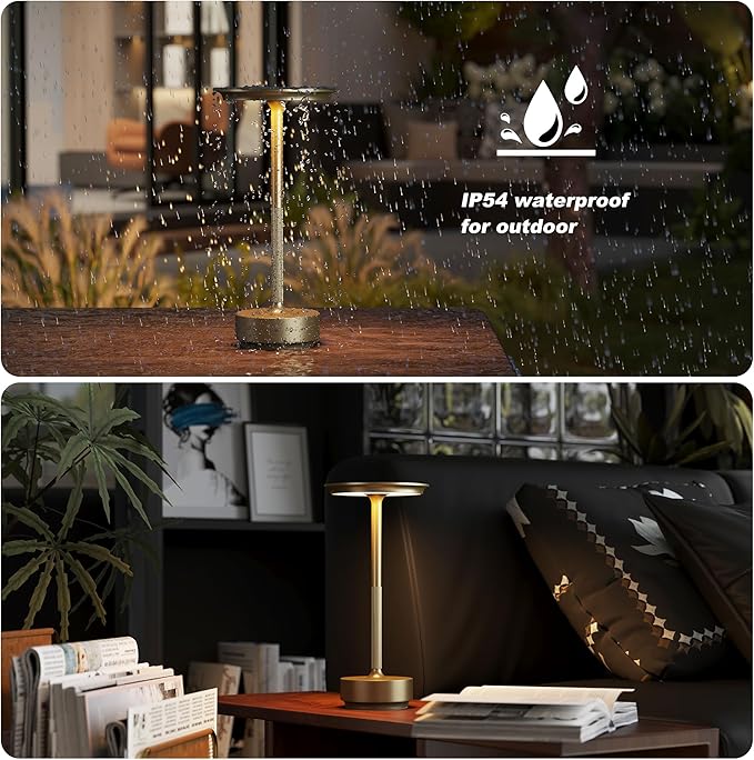 TBBGA 1 Pack Cordless Table Lamps Rechargeable, Portable 5000mAh Battery Operated Lamp, 3 Color Stepless Dimming LED Table Light with Memory Function, for Outdoor/Dinner/Patio/Restaurant.(Gold)