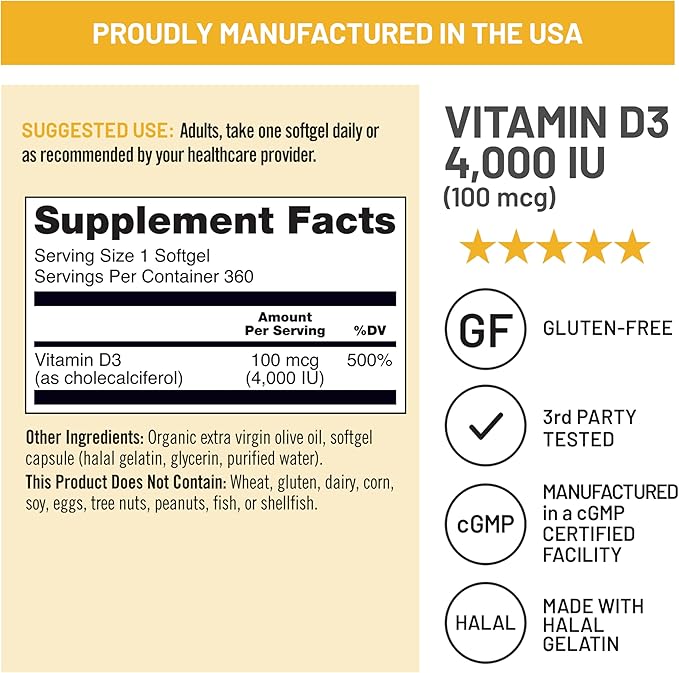 NatureWise ビタミンD3 4000IU（100mcg）1年分 免疫サポート、健康的な筋肉機能、骨の健康に - 非遺伝子組み換え、グルテンフリー、オーガニックエキストラバージンオリーブオイル使用（ミニソフトジェル）、360粒