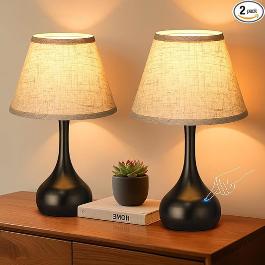 17” Touch Table Lamp for Bedroom Set of 2, 3-Way Dimmable Bedside Lamp for Nightstand, Farmhouse Metal Desk Lamp with Linen Shade for Living Room, Kids Reading, Dorm, Home Office Decor, Bulb Included