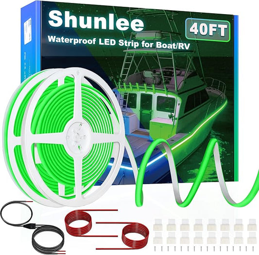 SHUNLEE Led Boat Lights Green 40FT, IP67 COB Waterproof Marine Pontoon Led Lights, Boat Interior Strip Lights for Pontoon, Deck, Night Fishing, Kayak, RV, Bass (40FT-Green)