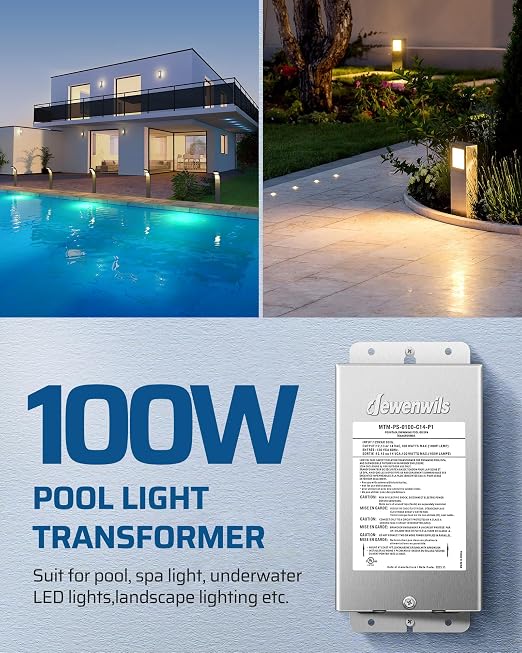 DEWENWILS 100W Low Voltage Pool Light Transformer, 120V AC to 12V/13V/14V AC, Multi-tap Safety Transformer for Pool Lighting, Spa, Underwater Fountain Lights, Outdoor Landscape Lights