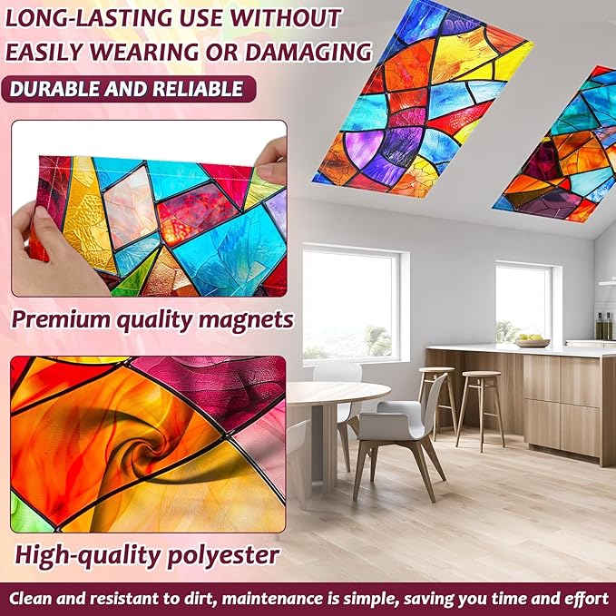 12 Pcs Fluorescent Light Covers with 120 Magnets Decorative for Classroom Ceiling Light 4 x 2 Feet Magnetic Light Covers Filter Easy Install for Office Home Drop Ceiling Supplies(Retro Glass Window)