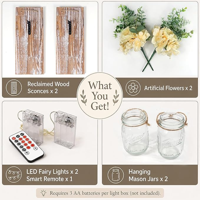 Rustic Wall Decor Set of 2, Modern Farmhouse Decor Living Room for Home Living Room Bedroom Decorations with Rose Bouquet Flowers and Remote LED Fairy Lights (X-Large Brown)