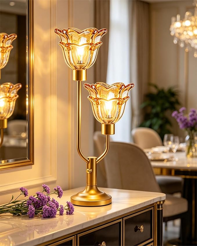 Lightdot Mid Century Modern Flower Table Lamp for Living Room Dimmable Nightstand Lamp Amber Glass Vintage Gold Desk Lamp 2 Bulbs Included Warmwhite Ambient Bedside Lamp for Bedroom Home Office Decor