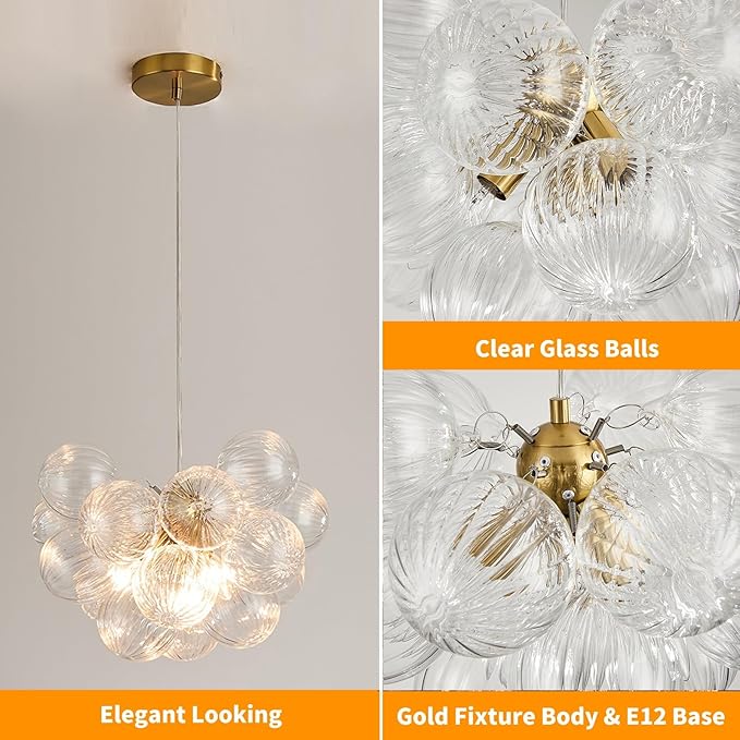 Surpars House Clear Bubble Ball Chandelier, Modern Glass Ceiling Light, 4 Lights Pendant Lighting Fixture for Bedroom,Livinng Room,Dining Room