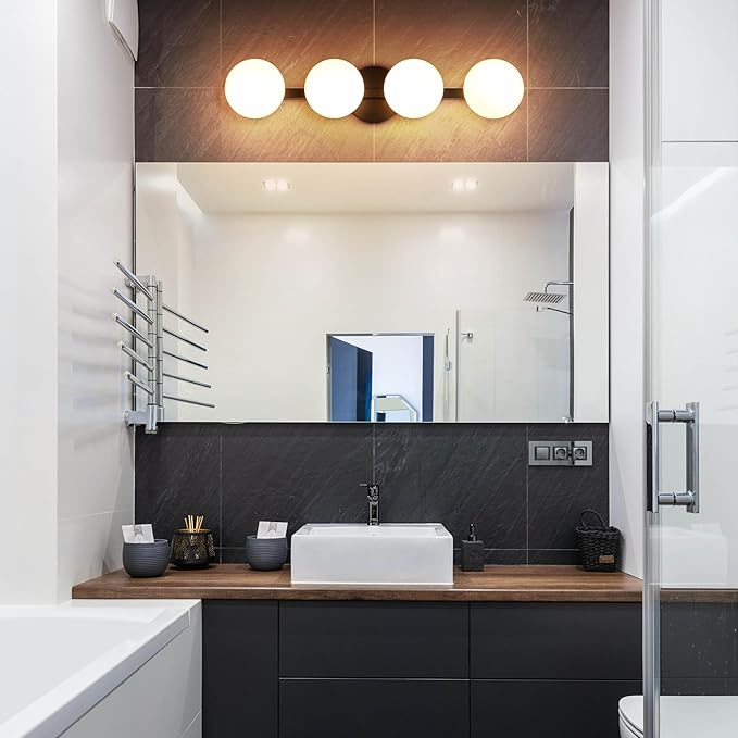 Black Bathroom Vanity Light Fixtures, Modern 4 Lights Matte Black Globe Wall Sconce Lighting, Porch Wall Mount Light Fixture for Bathroom, Mirror Cabinets Hallway Stairs