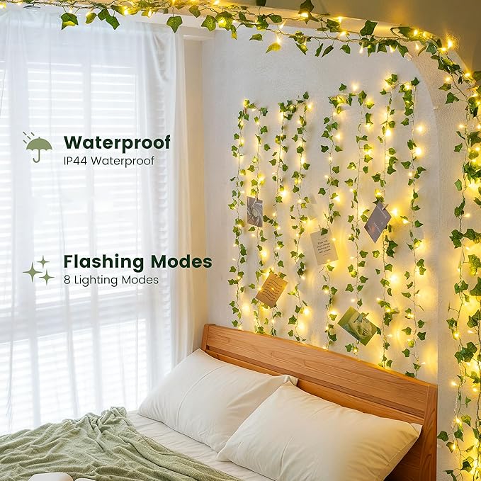 HEYFUNi Vines with Lights, 23 Ft 73 Led Fake Ivy String Lights Plug in, Leaf Lights for Bedroom, Wall, Balcony, Wedding Decor, Warm White