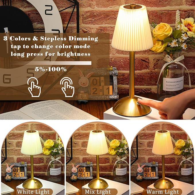 Liliful 6 Pcs Cordless Table Lamp Rechargeable Touch LED Small Gold Portable Battery Operated USB-c Desk Lamp 3 Color Dimmable for Bedroom Living Room Dining (Gold,Beige Cloth Style)