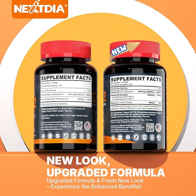 ビタミンD3 20,000 IU + K2ビタミン（MK4 & MK7）200mcg + クエン酸カルシウム、最適なビタミンD3 K2ソフトジェル - 強い骨と筋肉、カルシウム吸収、ビタミンD欠乏症の改善を助ける、飲みやすい、2個セット