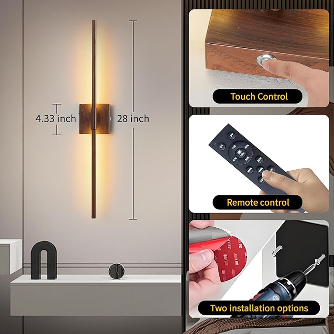 15800 mAh Battery Operated Wall Sconces with Remote Control Dimmable Rechargeable Battery Powered Cordless Wall Sconces Set of Two 3000K LED Walnut Wood Wireless Wall Light for Hallway Bedroom