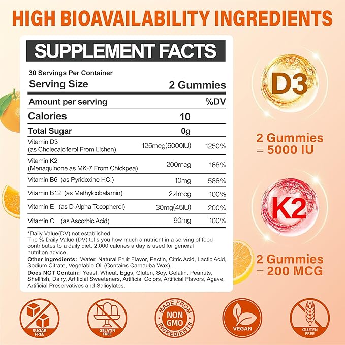 2 paquets de gommes Vitamine D3 K2 pour adultes, complément sans sucre Vitamine D3 5000UI + K2(MK-7) 200mcg avec complexe Vitamine B & Vitamine C E Soutient les os, les muscles, les dents & le système immunitaire, végétalien, sans gluten