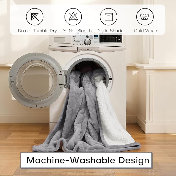 Electric Heated Blanket Throw Size 50"x60" – ETL Certified for Safe Overnight, 5 Heat Settings & 3H Auto Off, Thickened Flannel and Sherpa for Home Theater Night, Machine Washable – Ash Gray