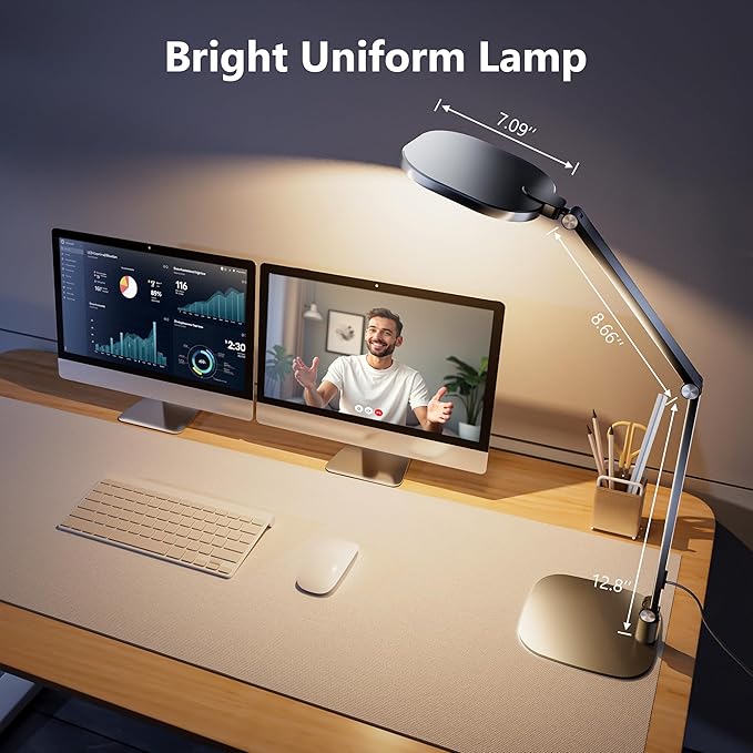 Desk Lamp for Home Office, 1200LM Computer Zoom Lighting with CRI >95, Memory & Timer Function, Dimmable Desktop Ring Light for Video Calls, Conference, Reading, Streaming, Podcasting, 3000K-6500K