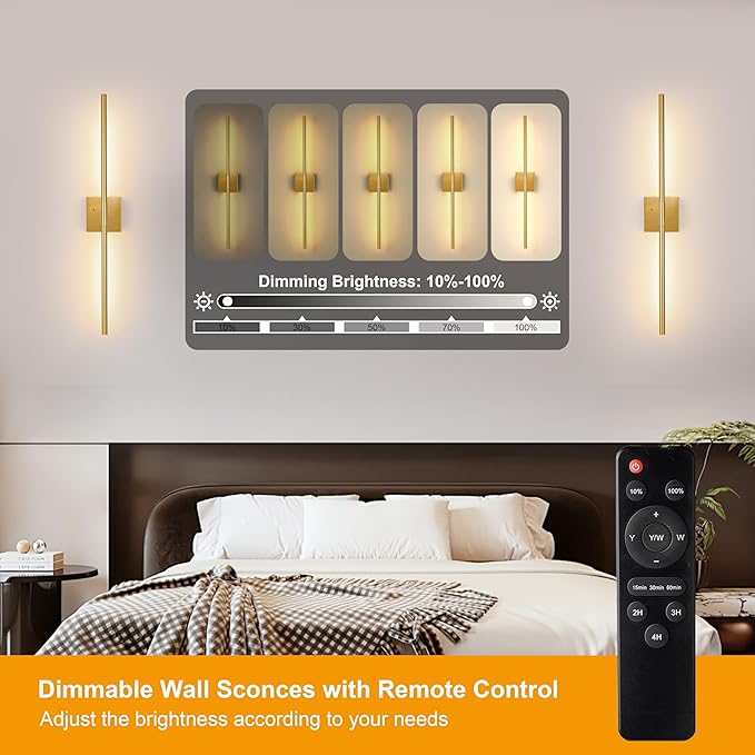 Morauroral 36 Inch Battery Operated Wall Sconces Set of 2, Dimmable Battery Wall Sconce with Remote Control, Gold LED Rechargeable Wall Light, Modern Sconces Wall Decor for Bedroom, Living Room