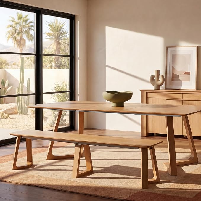 Transformer Table Nova Extendable Dining Table + Bench, Natural | Telescopic Steel Rails, Expandable 4 to 10 Seats, Kitchen & Banquet Table